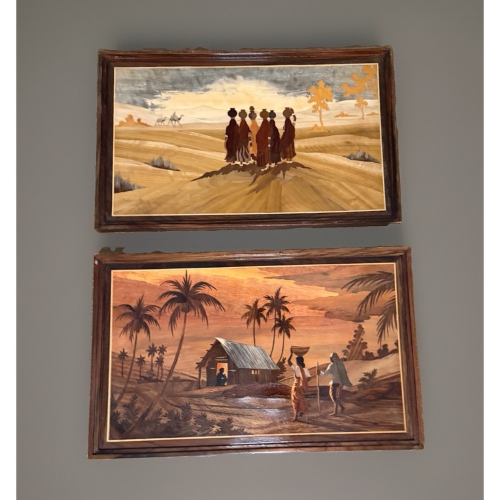 Vintage Handcrafted Wood Mosaic Wall Art Pair African Village Scenes Marquetry